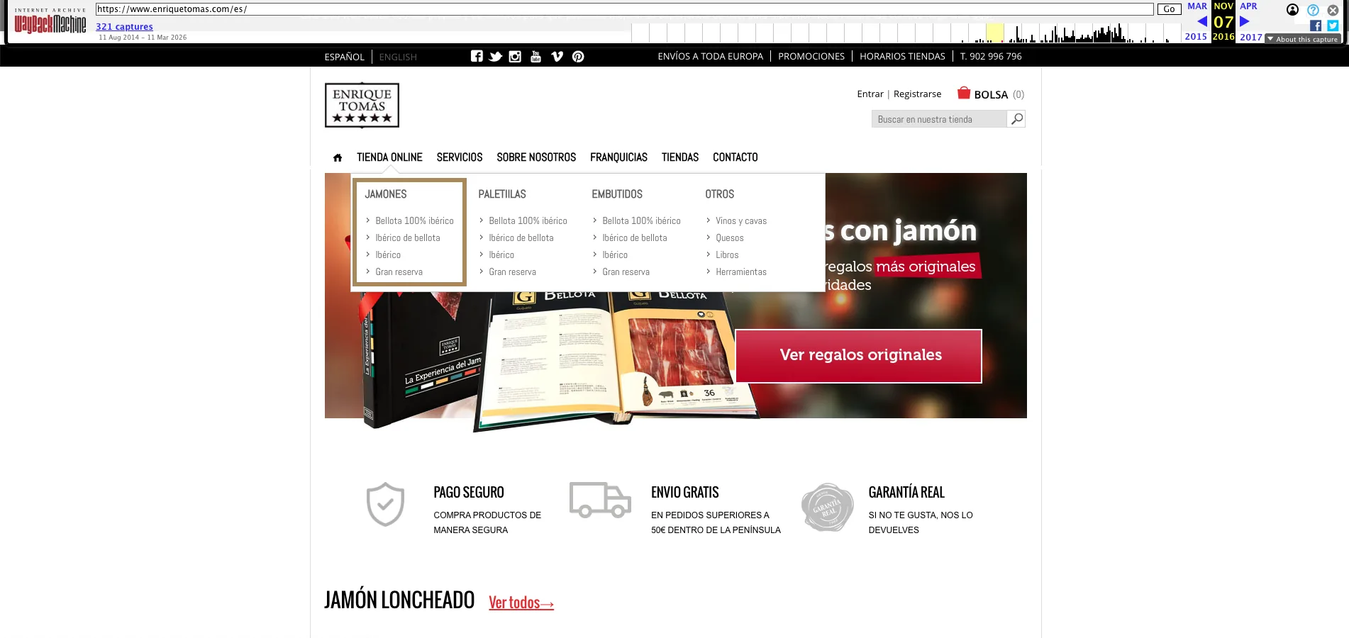Wayback Machine capture of the Enrique Tomás homepage in November 2016, with the Tienda online drop-down open and the link to hams