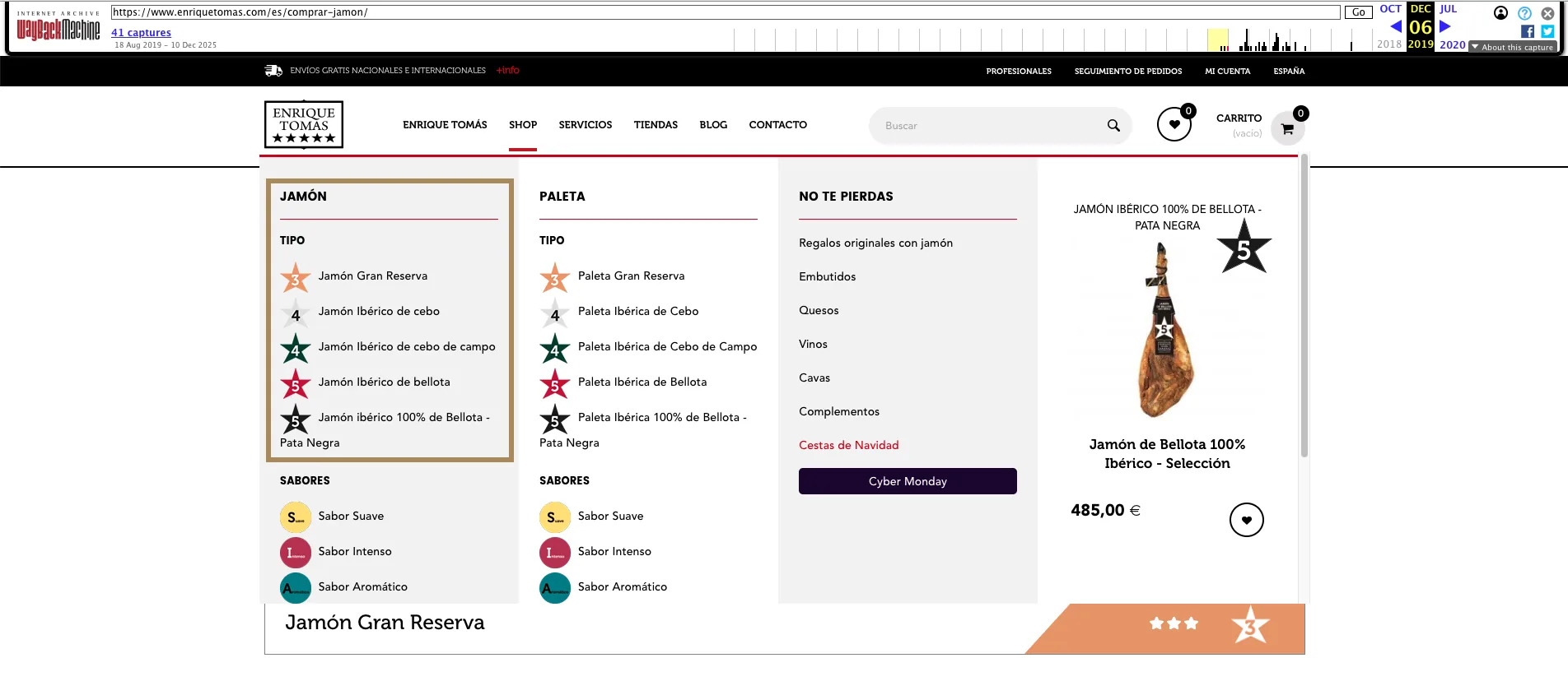 Wayback Machine capture of the Enrique Tomás menu in December 2019, with Jamón and each type of ham linked