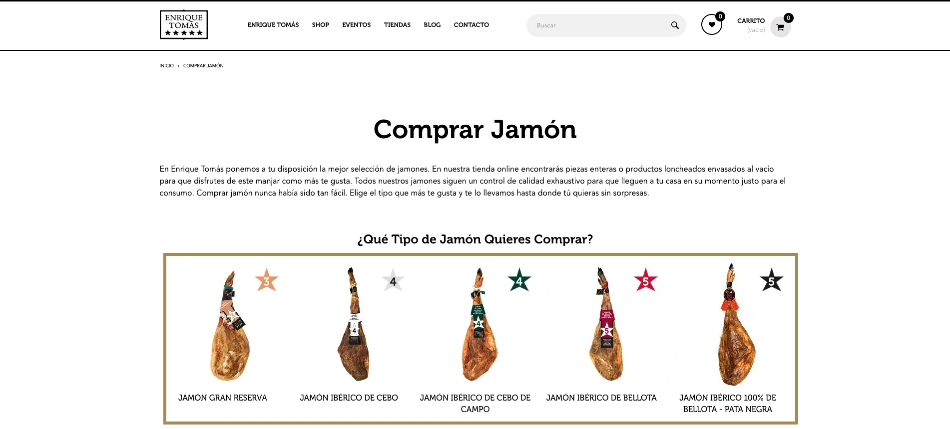 Enrique Tomás’s Comprar Jamón category turned into a guide