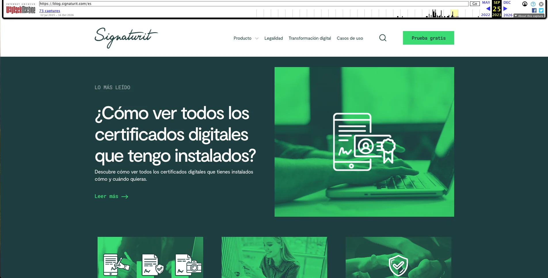 Captura del Wayback Machine de blog.signaturit.com/es en septiembre de 2023, sin menú de categorías