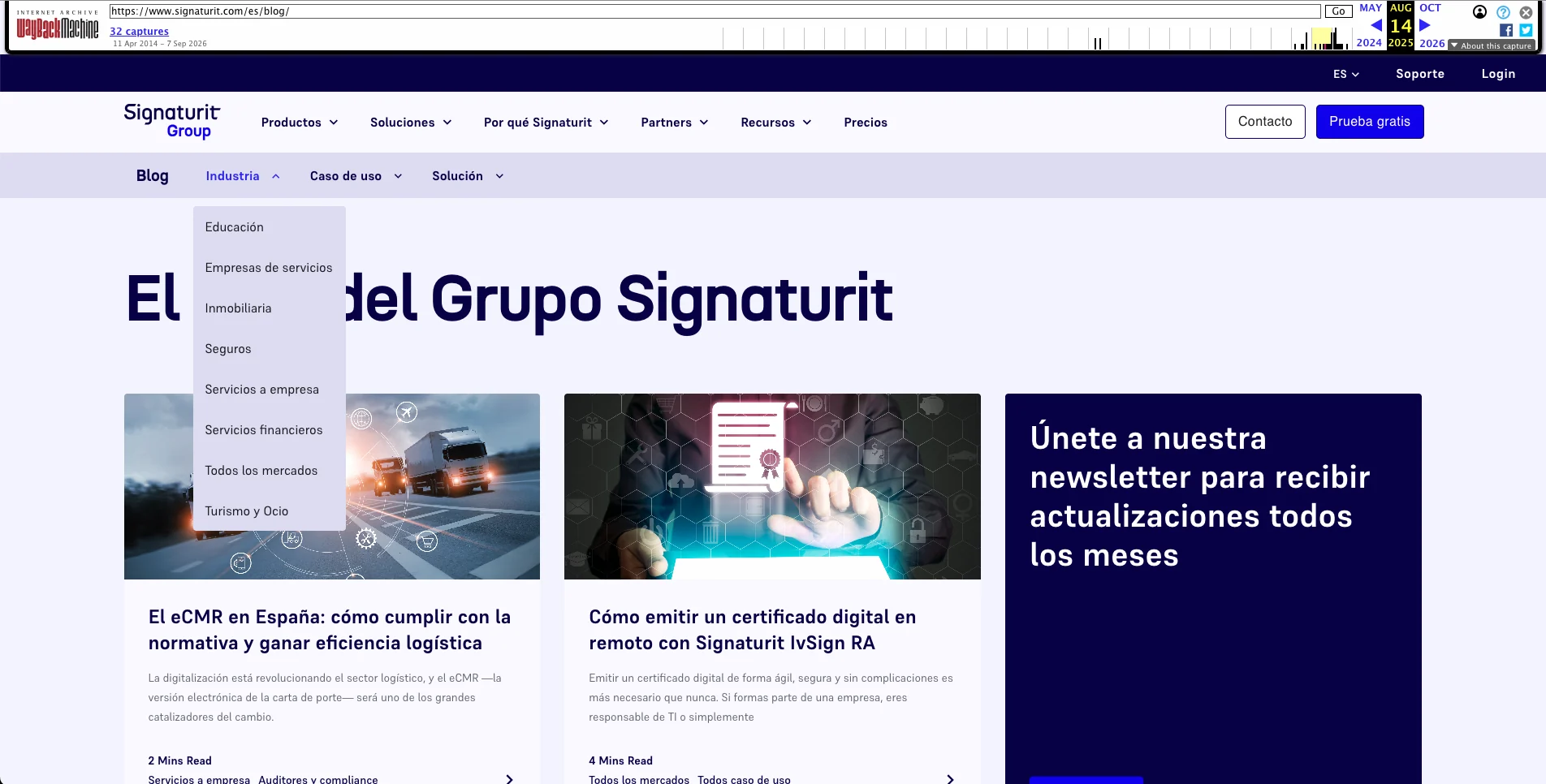Captura del Wayback Machine de signaturit.com/es/blog/ en agosto de 2025, con el menú de industrias abierto
