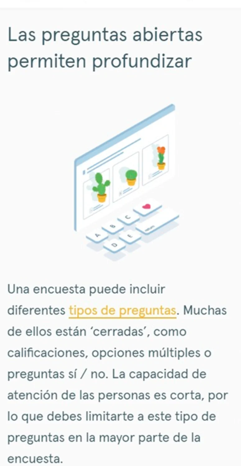 Página de Typeform en español sobre preguntas abiertas, vista en un móvil