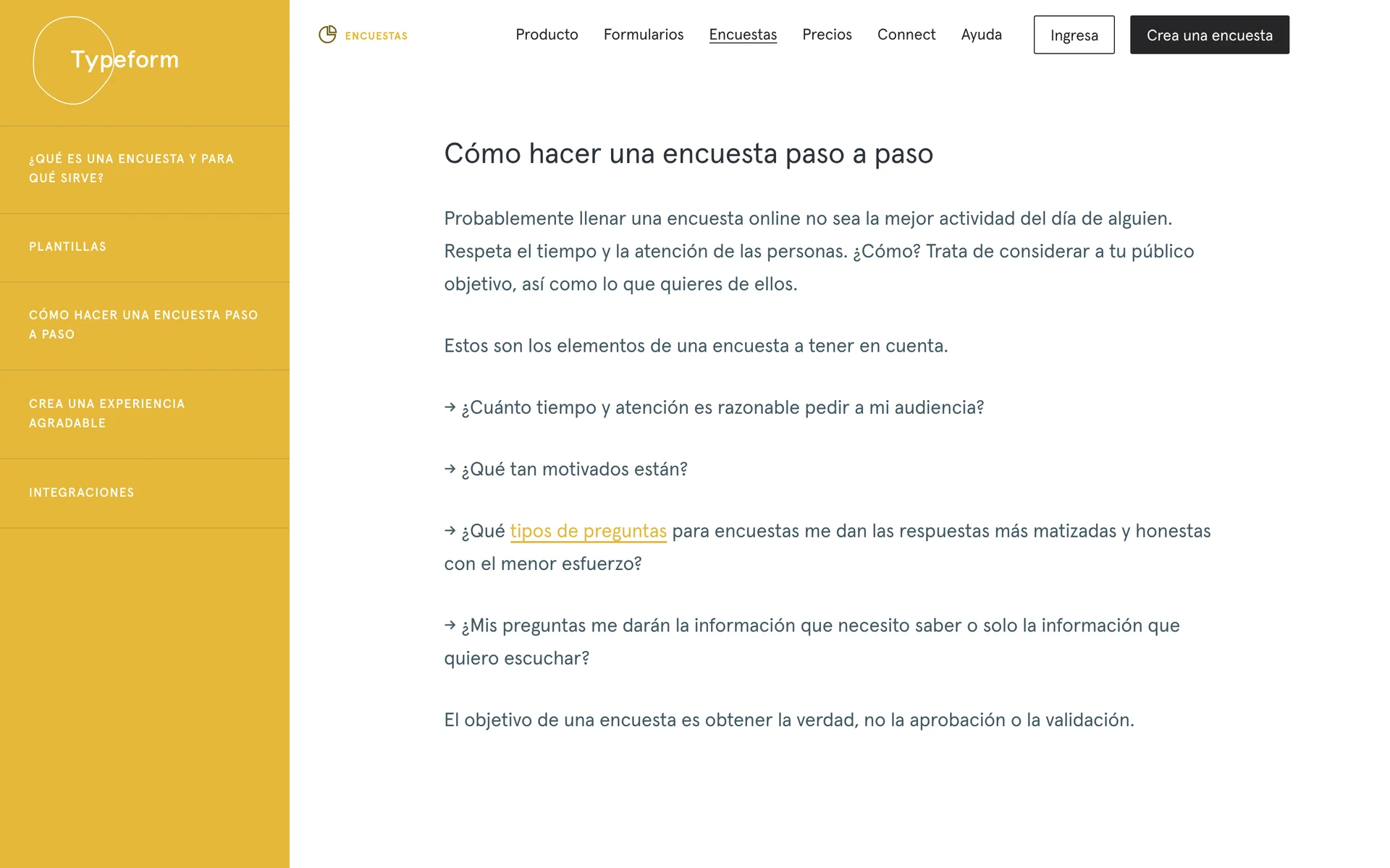 Captura de Arquivo.pt de la página pilar de encuestas de Typeform en español en abril de 2019, con la navegación lateral amarilla