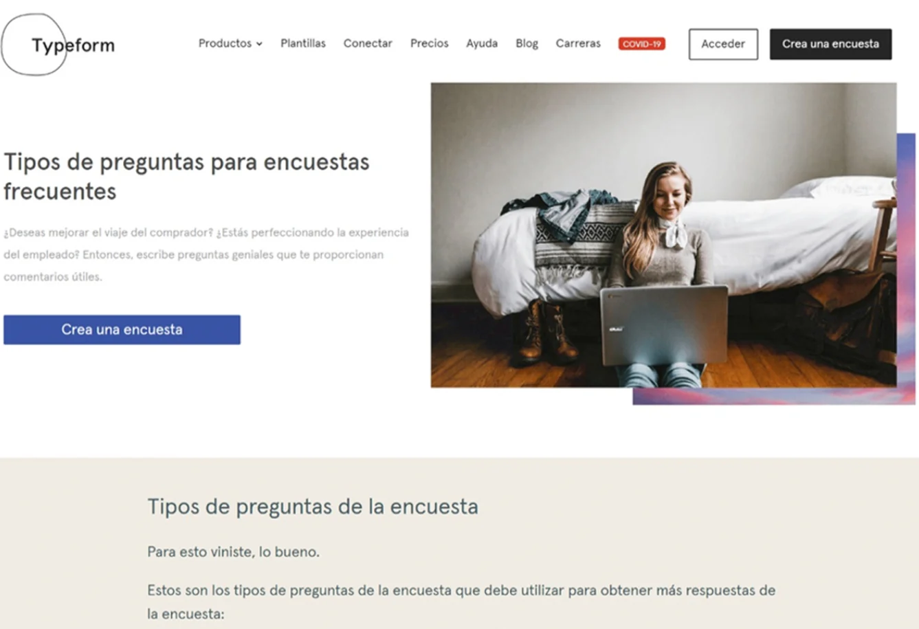 Página de Typeform en español sobre tipos de preguntas para encuestas, vista en una tableta